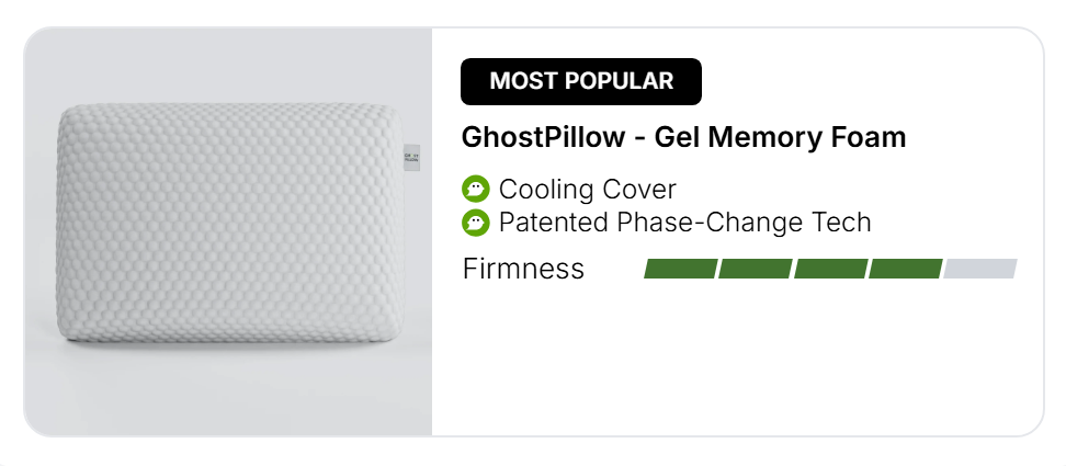 GhostPillow Gel Memory Foam pillow with features listed on a white background