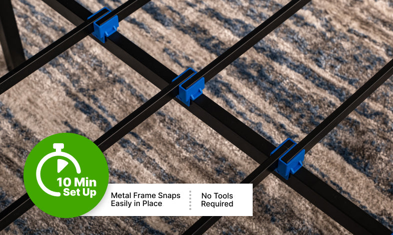 Quick-snap all-metal foundation with fabric cover and headboard brackets