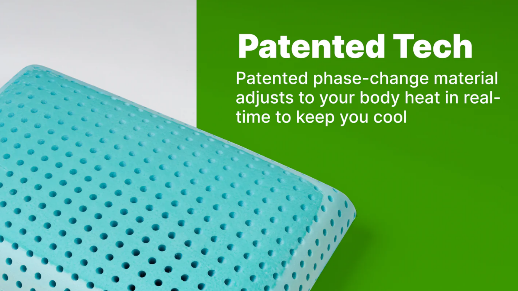 Blue cooling pad with text about patented phase-change material on a green background